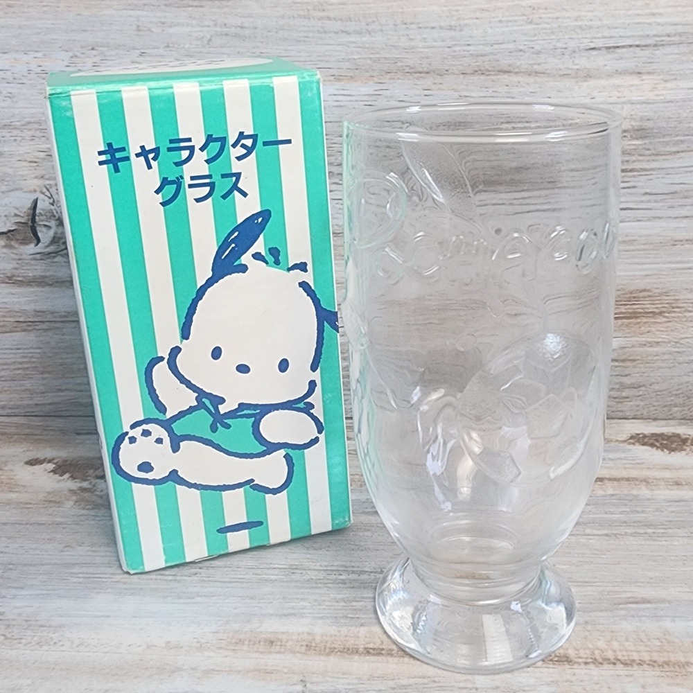 Vintage Sanrio Pochacco Embossed Glass 1994 Soccer Character Cup with Box Japan